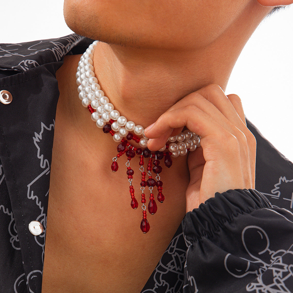 Halloween Blood Drop Tassel Pearl Crystal Necklace